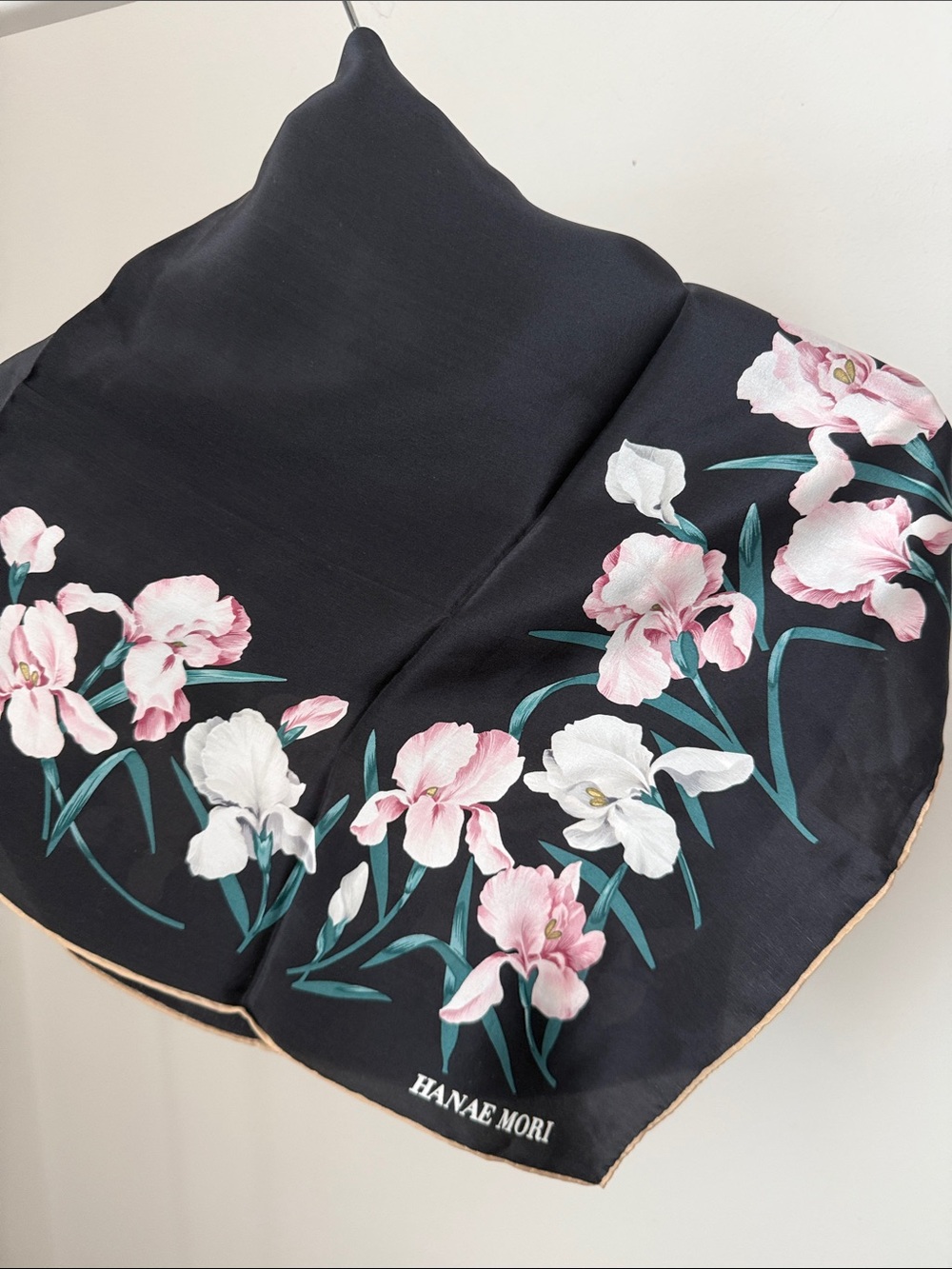 Hanae Mori Black Floral Silk Scarf - Pink & White Blooms 30 x 30